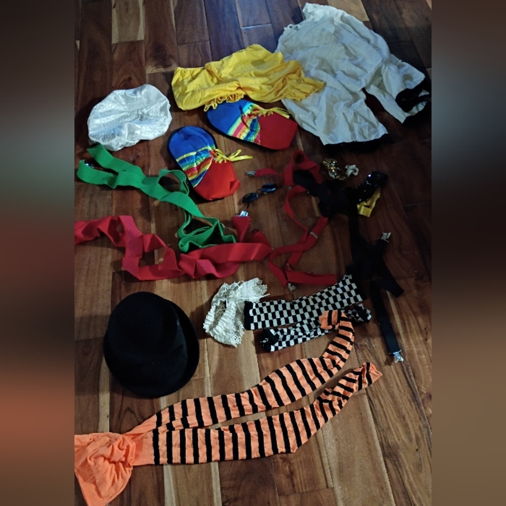 Halloween clown clothes lot: shoes hat tights bows suspenders pantaloons, more